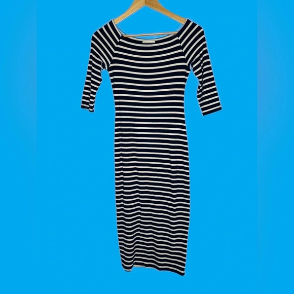 Monteau Navy Blue White Striped Nautical Midi Bodycon Dress Size Small - Picture 1 of 4